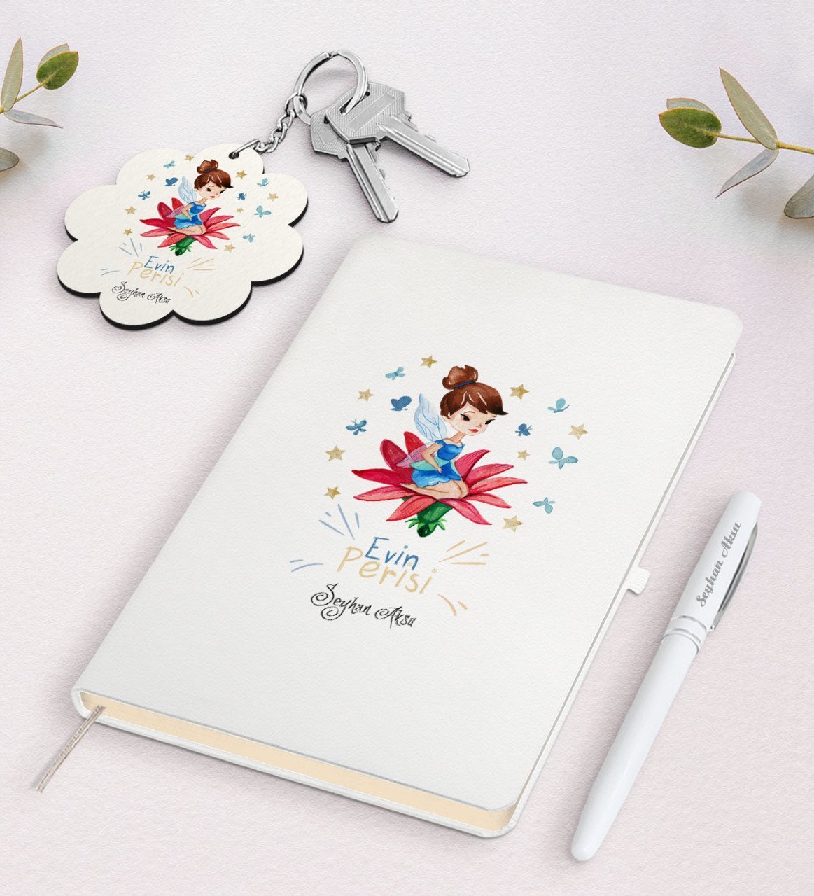 Kişiye Özel Evin Perisi Beyaz Defter Kalem ve Anahtarlık Hediye Seti-2