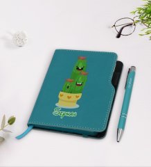 Kişiye Özel Kaktüs Tasarımlı Turkuaz Termo Deri Defter Kalem Seti-9