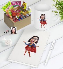 Kişiye Özel Süper Anne Karikatürlü Nostaljik Lezzetler Defter Kalem Kupa Hediye Seti