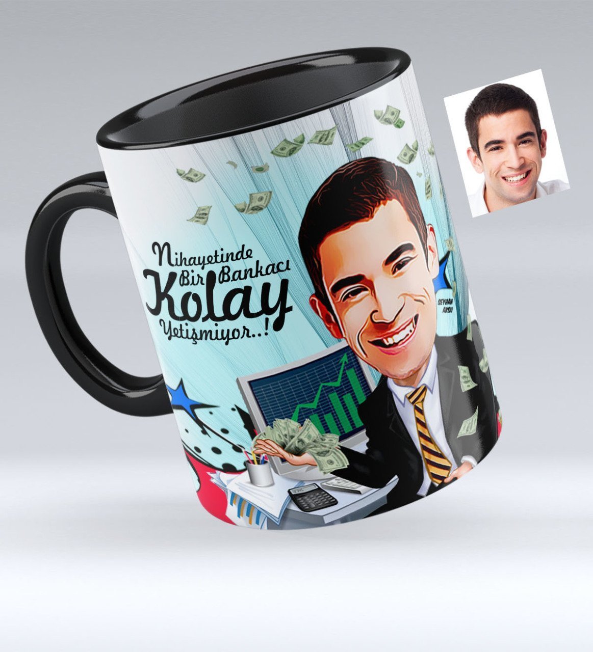 Kişiye Özel Bay Bankacı Karikatürlü Siyah Kupa Bardak - 1