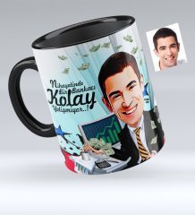Kişiye Özel Bay Bankacı Karikatürlü Siyah Kupa Bardak - 1