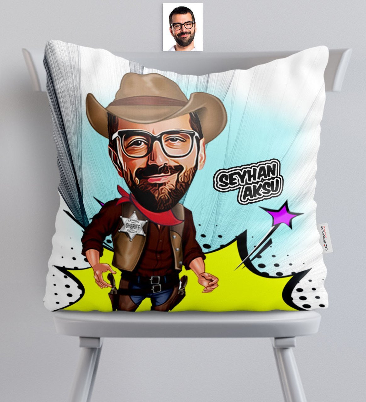 Kişiye Özel Bay Şerif Karikatürlü Saten Yastık