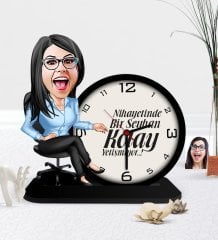 Kişiye Özel Bayan Kolay Yetişmiyor Karikatürlü Ahşap Masaüstü Saat - 2