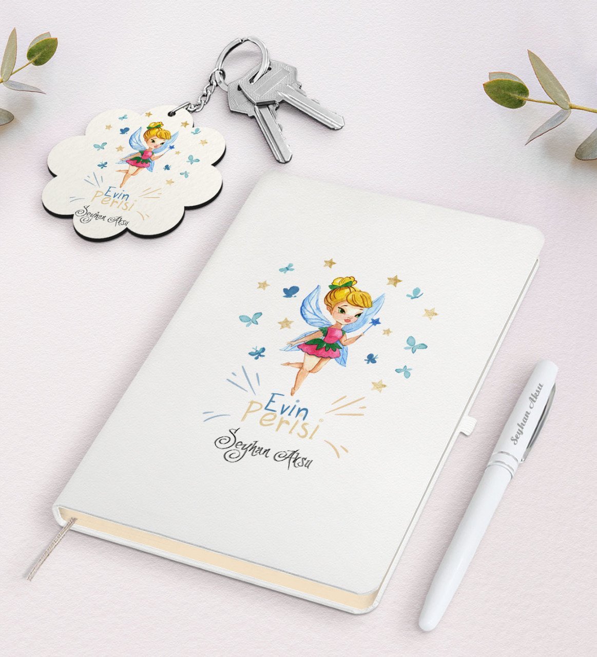 Kişiye Özel Evin Perisi Beyaz Defter Kalem ve Anahtarlık Hediye Seti-1