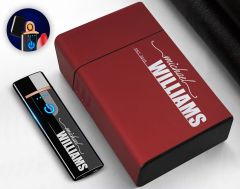 BK Gift Kişiye Özel Kırmızı Sigara Tabakası ve Elektronik Dokunmatik Alevsiz Şarjlı Çakmak Hediye Seti-12, Metal Sigara Tabakası, Elektronik Çakmak