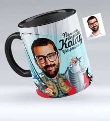 Kişiye Özel Bay Balıkçı Karikatürlü Siyah Kupa Bardak - 1