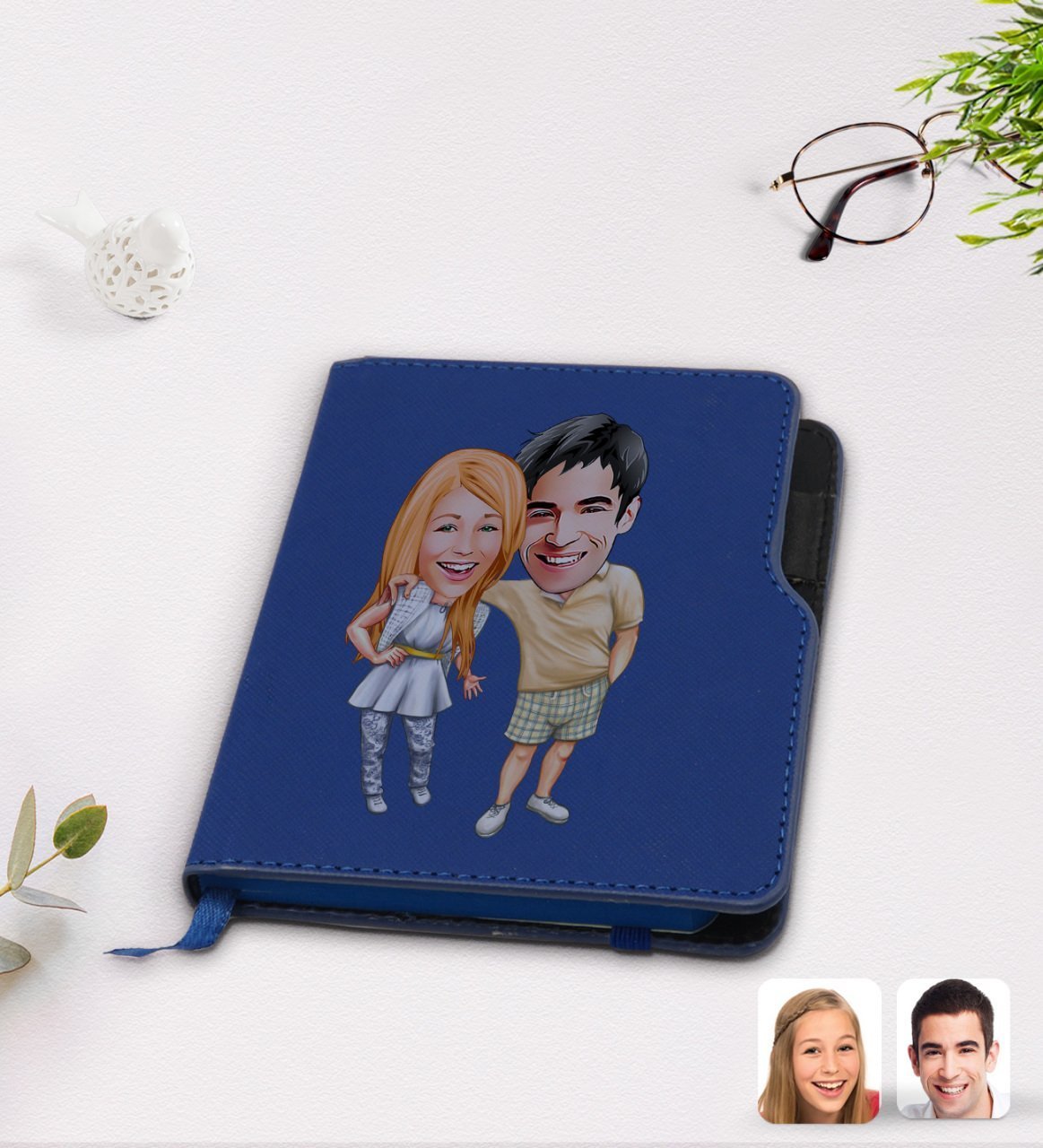 Kişiye Özel Sevgililer Karikatürlü Lacivert Termo Deri Defter-98
