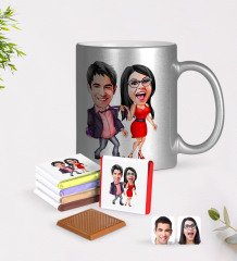 Kişiye Özel Sevgililer Karikatürlü Krom Kupa ve Çikolata Hediye Seti-4