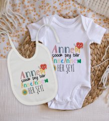 BK Kids Annem Çok Şey Bilir Tasarımlı Bebek Body Zıbın ve Mama Önlüğü Hediye Seti - Model 1