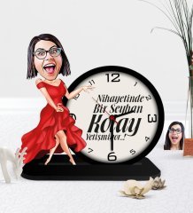 Kişiye Özel Bayan Kolay Yetişmiyor Karikatürlü Ahşap Masaüstü Saat - 1