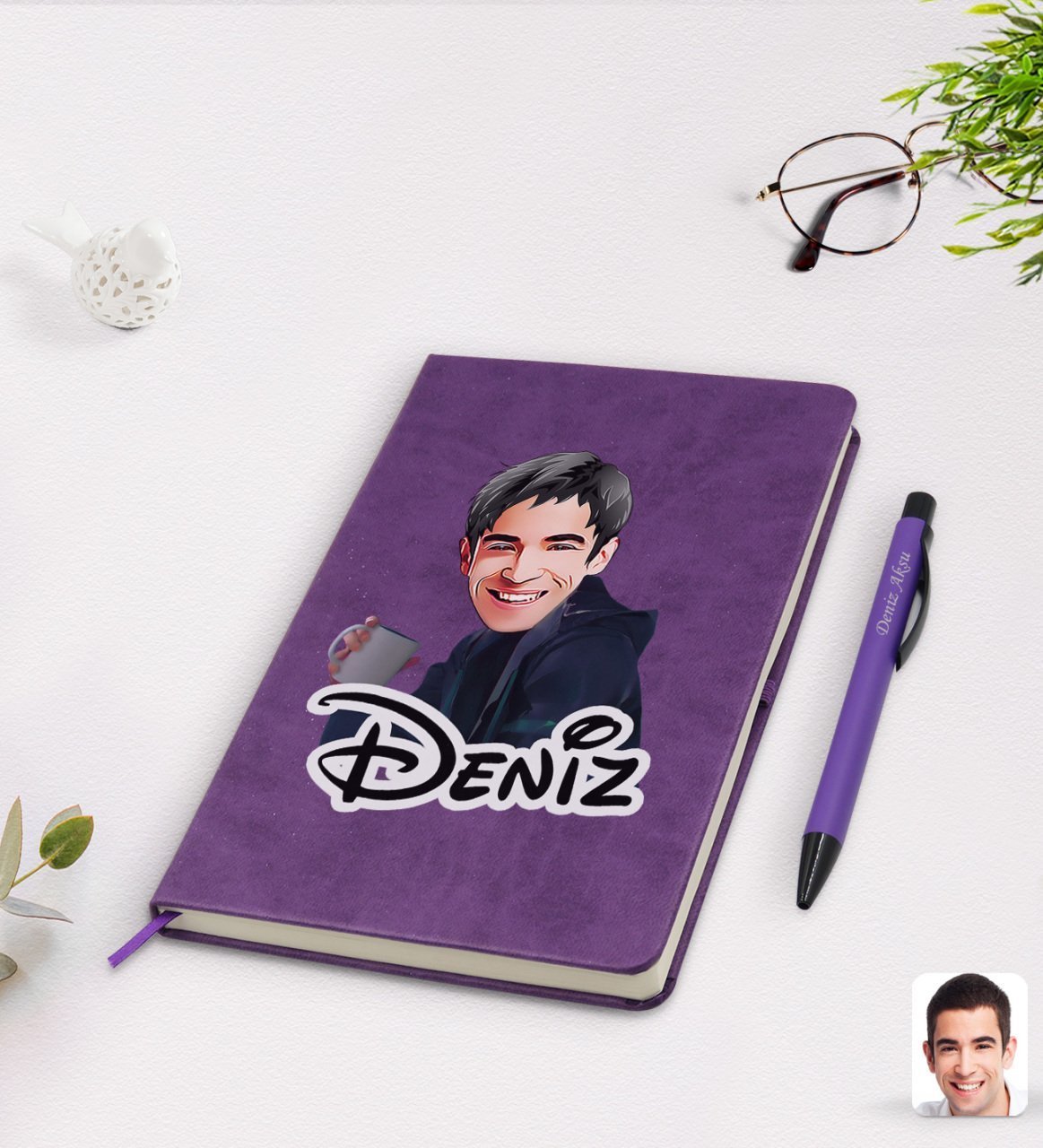 Kişiye Özel Erkek Karikatürlü Mor Termo Deri Defter Kalem Seti Model 63