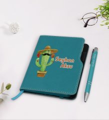 Kişiye Özel Kaktüs Tasarımlı Turkuaz Termo Deri Defter Kalem Seti-7