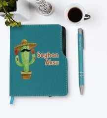 Kişiye Özel Kaktüs Tasarımlı Turkuaz Termo Deri Defter Kalem Seti-7