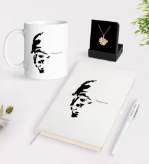 Kişiye Özel Atatürk Temalı Beyaz Kupa Defter Kalem ve İsimli Papatya Kolye Hediye Seti-7