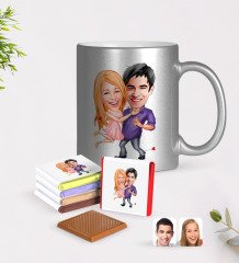 Kişiye Özel Sevgililer Karikatürlü Krom Kupa ve Çikolata Hediye Seti-3