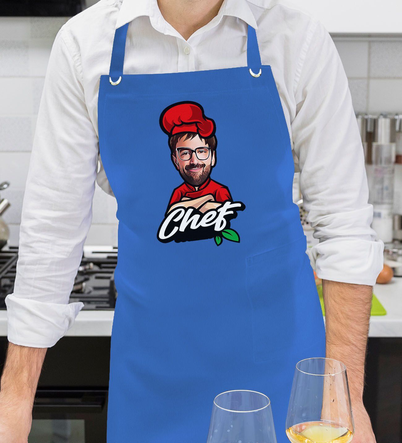 BK Gift Kişiye Özel Erkek Chef Karikatürlü Profesyonel Saks Mavi Mutfak Önlüğü, Aşçı Önlüğü, Şef Önlüğü, Arkadaşa Hediye-2