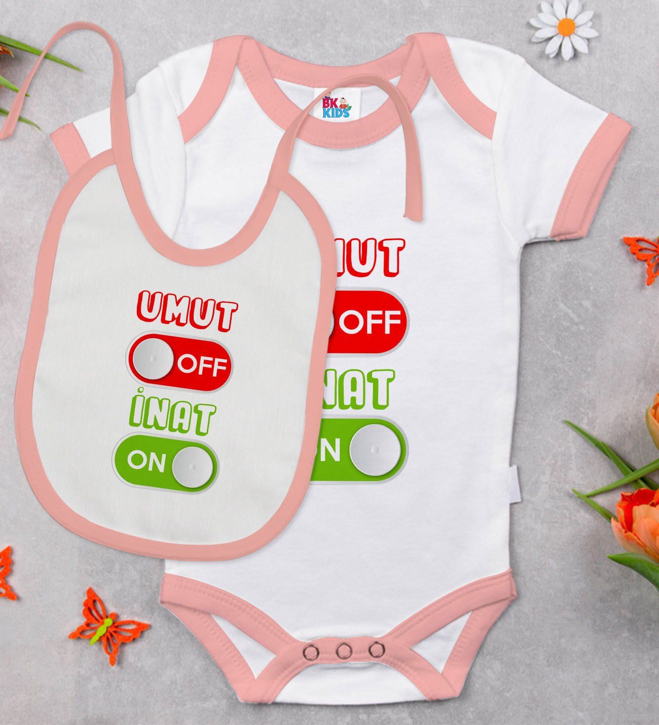 BK Kids Umut Off Tasarımlı Pembe Bebek Body Zıbın ve Mama Önlüğü Hediye Seti-1