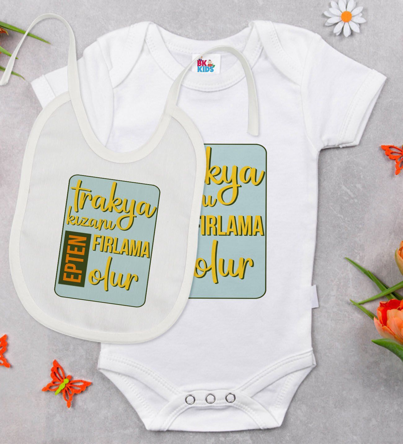 BK Kids Trakya Kızanı Tasarımlı Beyaz Bebek Body Zıbın ve Mama Önlüğü Hediye Seti-3