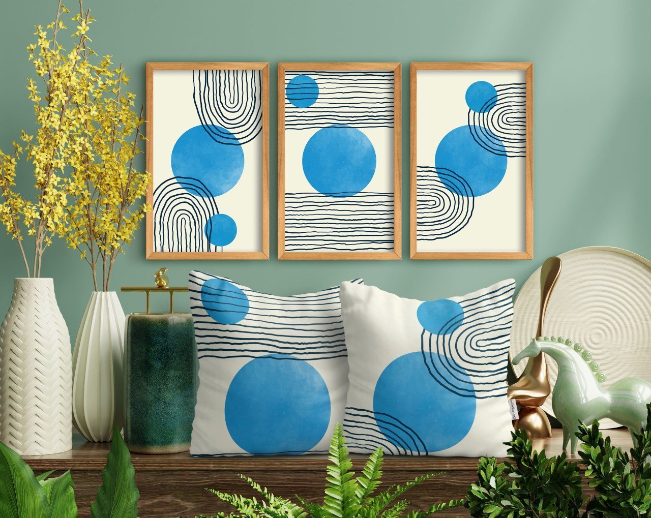 BK Home Dekoratif 3’lü Retro Ahşap Tablo ve Tasarım 2’li Yastık Seti