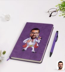 Kişiye Özel Elvis Presley Karikatürlü Mor Termo Deri Defter Kalem Seti Model 1