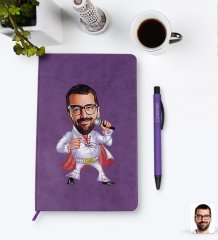 Kişiye Özel Elvis Presley Karikatürlü Mor Termo Deri Defter Kalem Seti Model 1