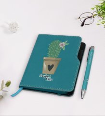 Kişiye Özel Kaktüs Tasarımlı Turkuaz Termo Deri Defter Kalem Seti-6
