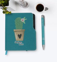 Kişiye Özel Kaktüs Tasarımlı Turkuaz Termo Deri Defter Kalem Seti-6