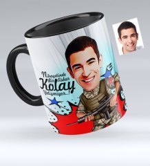 Kişiye Özel Asker Karikatürlü Siyah Kupa Bardak - 1