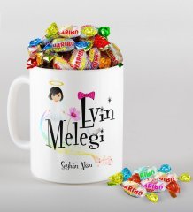 Kişiye Özel Evin Meleği Tasarımlı Kupa ve Haribo Fruitbons Şeker Hediye Seti
