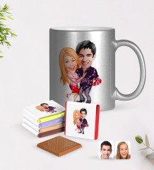 Kişiye Özel Sevgililer Karikatürlü Krom Kupa ve Çikolata Hediye Seti-2