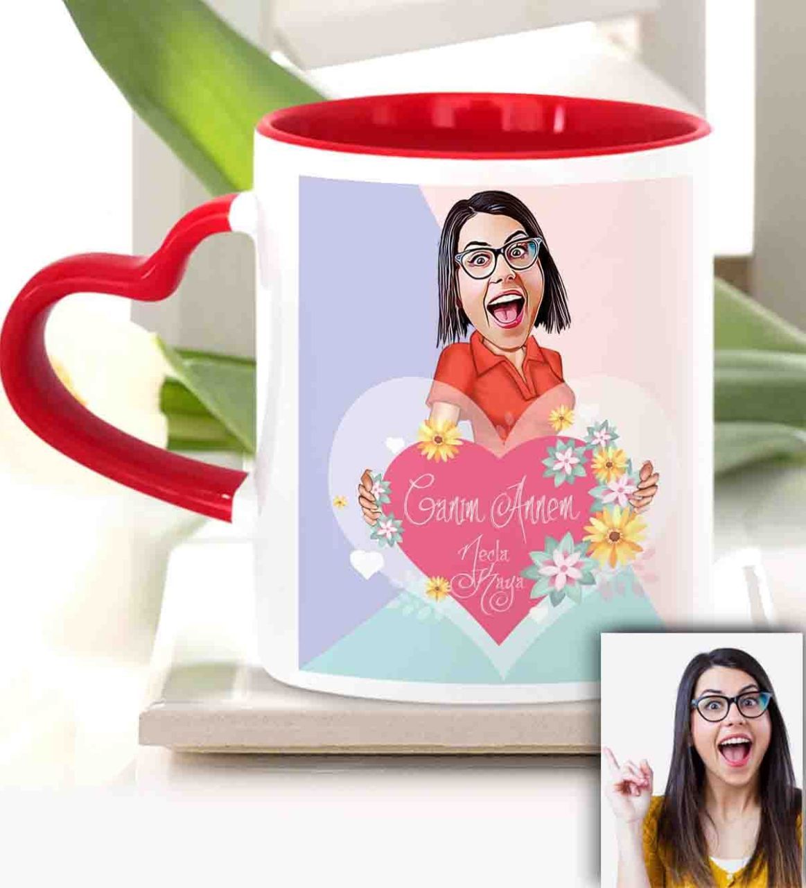 Kişiye Özel Anneler Günü Temalı Kırmızı Kalpli Karikatürlü Kupa Bardak KK8
