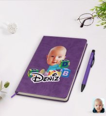 Kişiye Özel Bebek Karikatürlü Mor Termo Deri Defter Kalem Seti Model 5