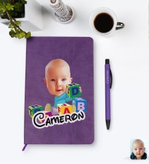 Kişiye Özel Bebek Karikatürlü Mor Termo Deri Defter Kalem Seti Model 5