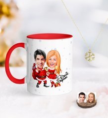 Kişiye Özel Yeni Yıl Sevgililer Karikatürlü Kırmızı Kupa ve Kar Tanesi Kolye-3