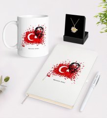 Kişiye Özel Atatürk Temalı Beyaz Kupa Defter Kalem ve İsimli Papatya Kolye Hediye Seti-3