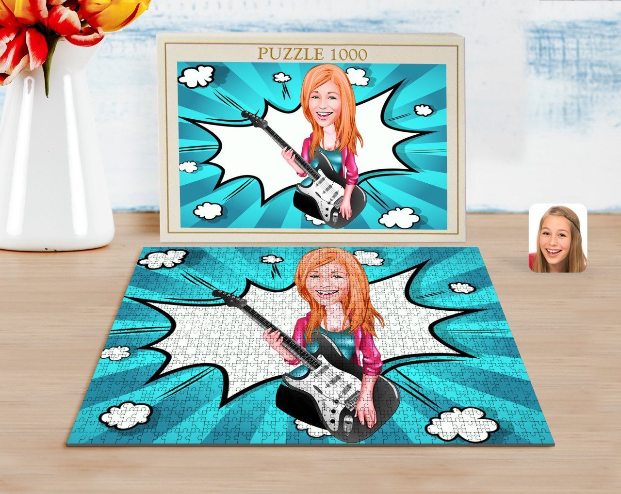 Kişiye Özel Kadın Gitarist Karikatürlü 1000 Parça Profesyonel Puzzle-1