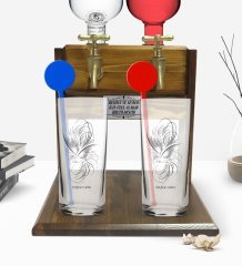 Kişiye Özel Renkli Baskılı İsimli İkili Vodka Bardağı ve Çift Musluklu Doğal Ahşap Vodka Standı-101