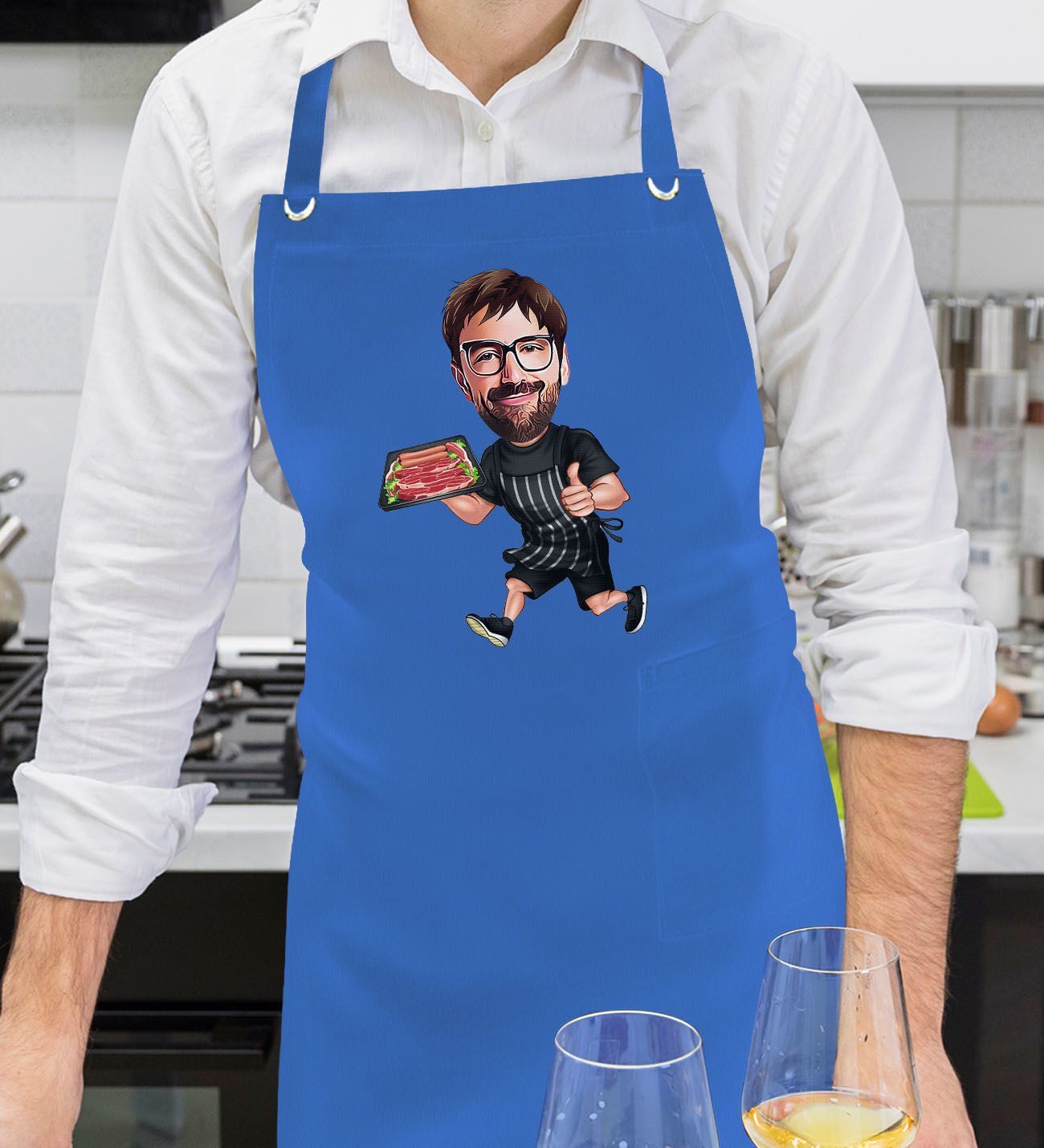 BK Gift Kişiye Özel Erkek Barbekü Karikatürlü Profesyonel Saks Mavi Mutfak Önlüğü, Aşçı Önlüğü, Şef Önlüğü, Arkadaşa Hediye-2