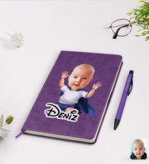 Kişiye Özel Bebek Karikatürlü Mor Termo Deri Defter Kalem Seti Model 3
