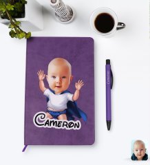 Kişiye Özel Bebek Karikatürlü Mor Termo Deri Defter Kalem Seti Model 3