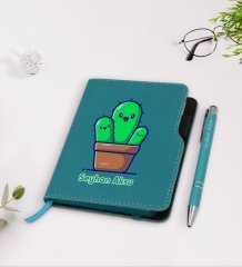 Kişiye Özel Kaktüs Tasarımlı Turkuaz Termo Deri Defter Kalem Seti-3