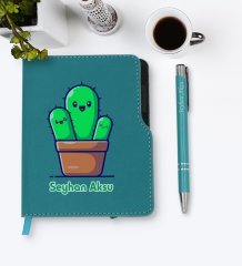 Kişiye Özel Kaktüs Tasarımlı Turkuaz Termo Deri Defter Kalem Seti-3