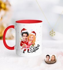 Kişiye Özel Yeni Yıl Sevgililer Karikatürlü Kırmızı Kupa ve Kar Tanesi Kolye-2
