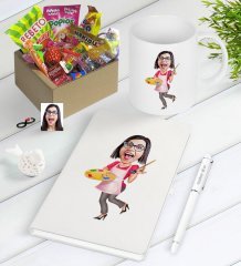 Kişiye Özel Bayan Ressam Karikatürlü Nostaljik Lezzetler Defter Kalem Kupa Hediye Seti