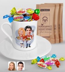 Kişiye Özel Sevgililer Karikatürlü Türk Kahvesi Fincanı Mehmet Efendi Kahve ve Haribo Şeker Hediye Seti-57