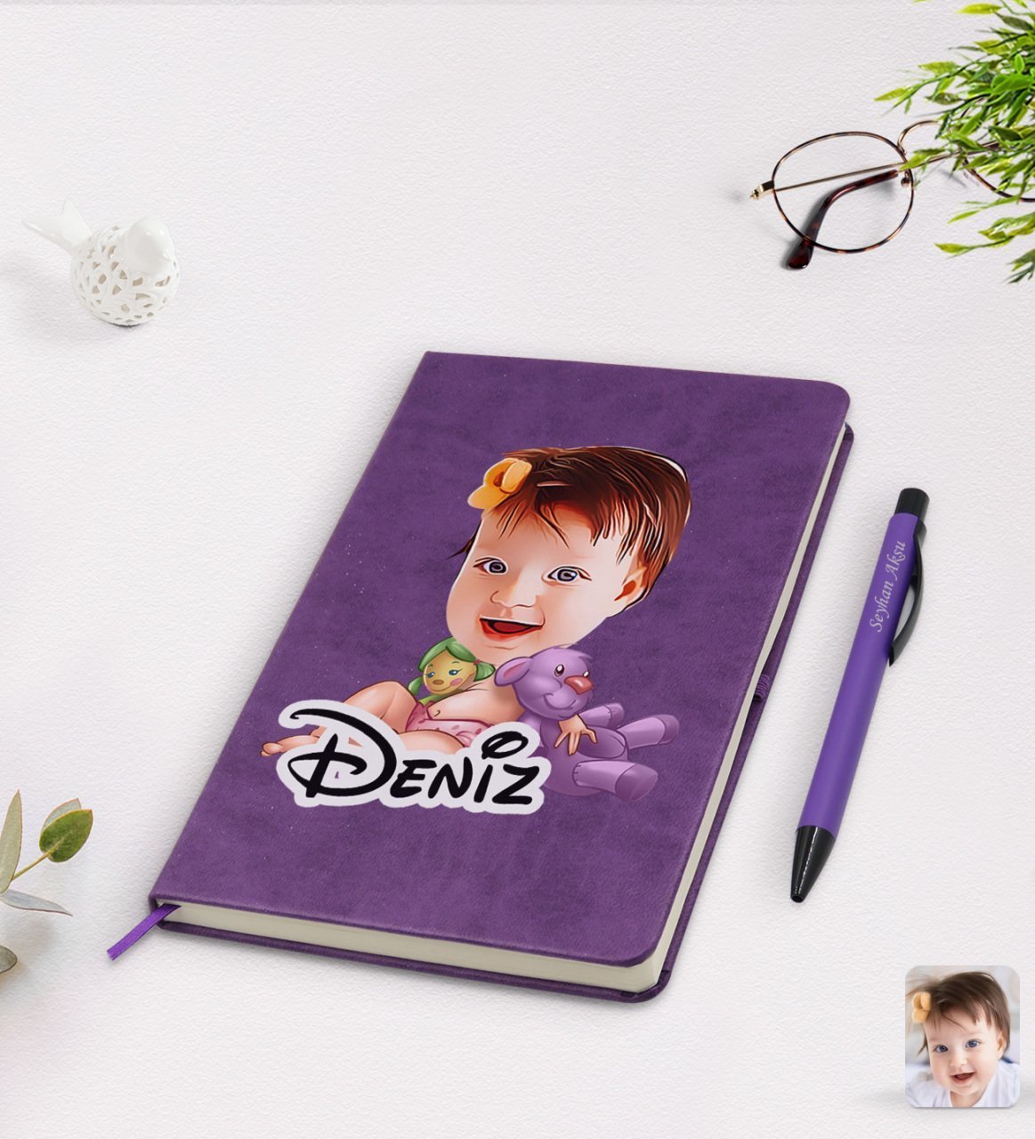 Kişiye Özel Bebek Karikatürlü Mor Termo Deri Defter Kalem Seti Model 2
