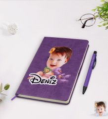 Kişiye Özel Bebek Karikatürlü Mor Termo Deri Defter Kalem Seti Model 2
