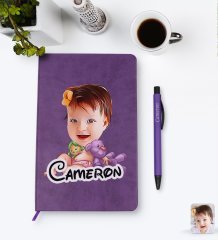 Kişiye Özel Bebek Karikatürlü Mor Termo Deri Defter Kalem Seti Model 2