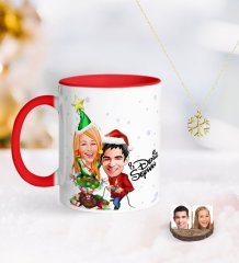 Kişiye Özel Yeni Yıl Sevgililer Karikatürlü Kırmızı Kupa ve Kar Tanesi Kolye-1