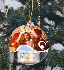 BK Gift Kişiye Özel Aile Şeffaf Pleksi Yılbaşı Ağaç Süsü- 1, Yeni Yıl Hediyesi, Fotoğraflı & Mesajlı Ağaç Süsü